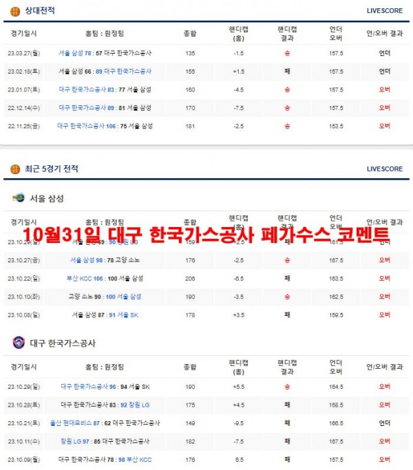 10월31일 대구 한국가스공사 페가수스 코멘트