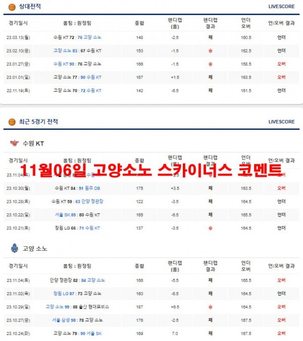 11월06일 고양소노 스카이너스 코멘트