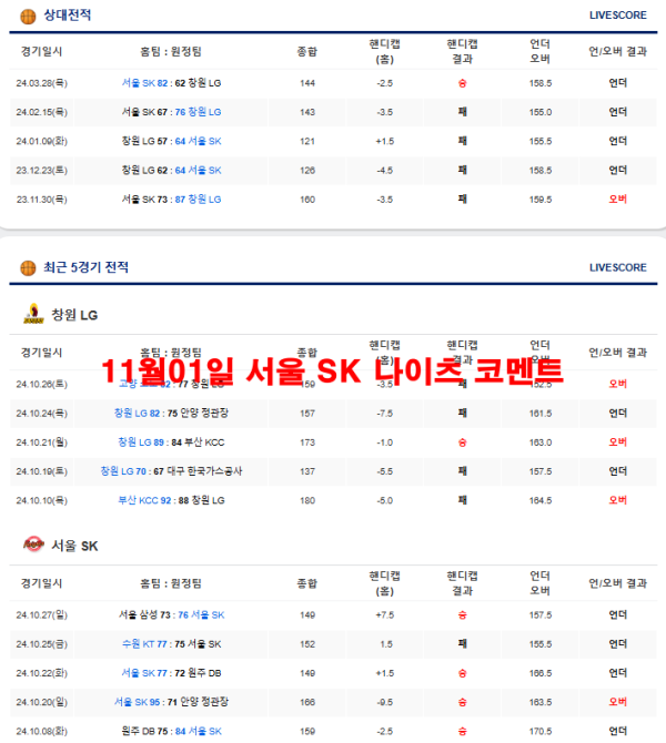 11월01일 서울 SK 나이츠 코멘트