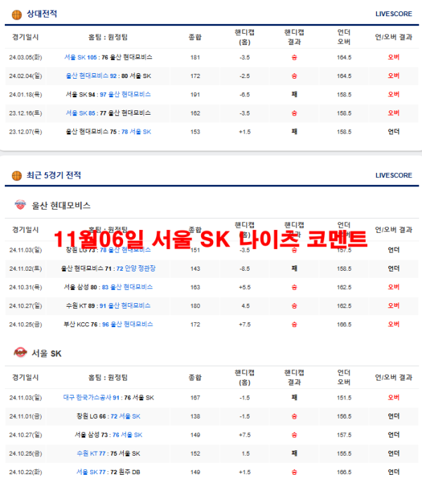 11월06일 서울 SK 나이츠 코멘트