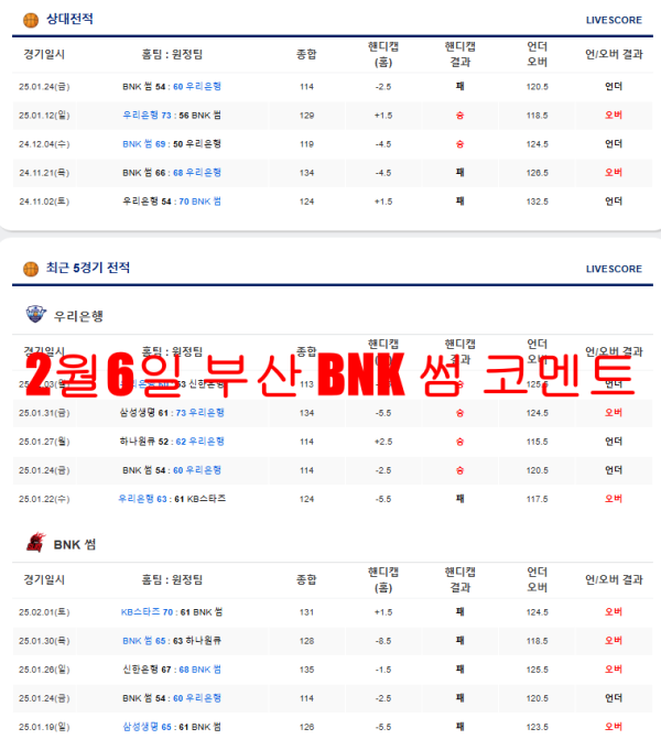 2월6일 부산 BNK 썸 코멘트