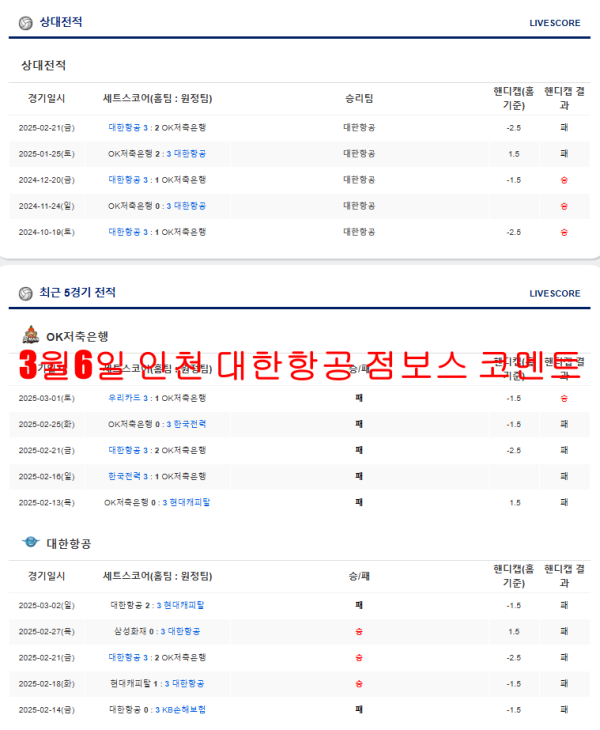 3월6일 인천 대한항공 점보스 코멘트