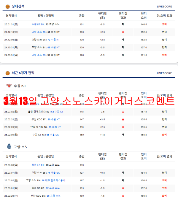 3월13일 고양 소노 스카이거너스 코멘트